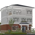 Two Story Detached Villa Exterior Featuring White Walls Black Roof Balcony And Stone Base