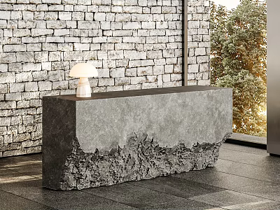 Modern Concrete Reception Desk With Textured Surface Table Lamp Stone Wall And Greenery 3d model