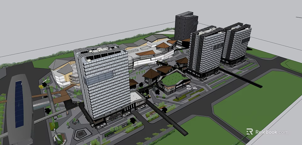 Modern Commercial Street With High Rise Buildings Low Rise Structures And Green Spaces 3d model 