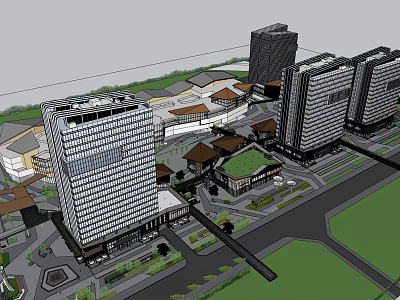 Modern Commercial Street With High Rise Buildings Low Rise Structures And Green Spaces 3d model