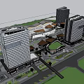 Modern Commercial Street With High Rise Buildings Low Rise Structures And Green Spaces
