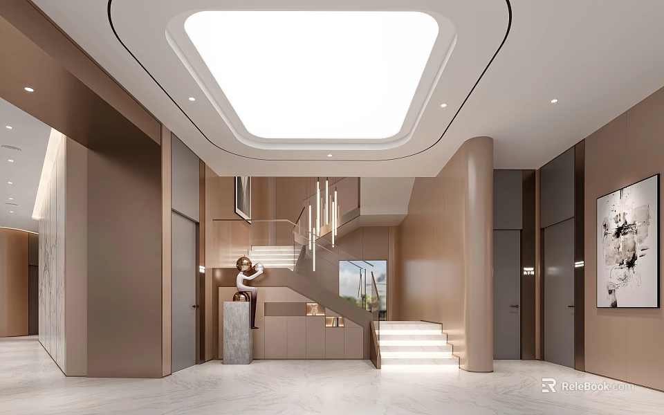 Modern Front Desk Reception Area With Staircase Lighting Neutral Tones And Spacious Design 3d model