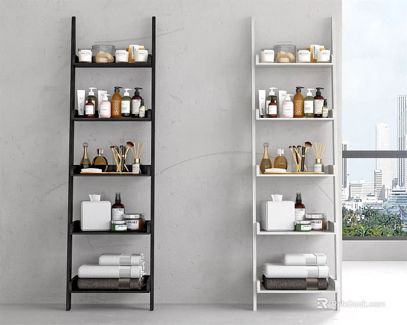 Black and White Modern Bathroom Shelves with Storage for Toiletries Towels and Decorative Items 3d model 