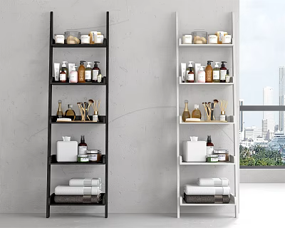 Black and White Modern Bathroom Shelves with Storage for Toiletries Towels and Decorative Items 3d model