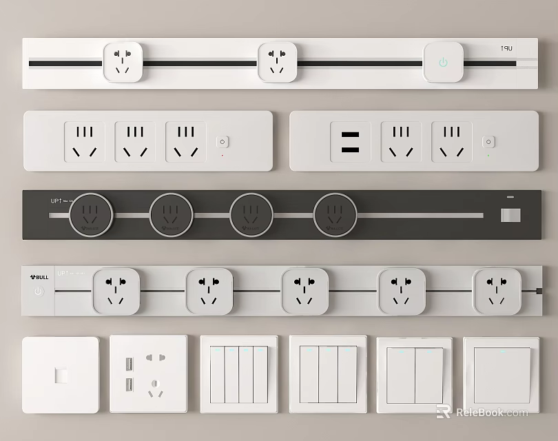 Sleek Modern Switch Panels in White Gray with Sockets USB Ports and Multi Switch Design 3d model 