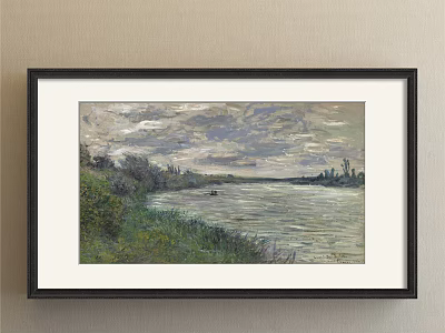 Serene Landscape Painting With River Grass Sky And Distant Trees Small Boat On Water 3d model