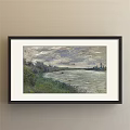 Serene Landscape Painting With River Grass Sky And Distant Trees Small Boat On Water