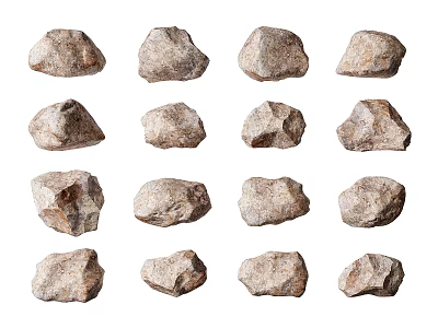 Natural Stone and Wood Pieces Arranged in Four Rows on White Background 3d model