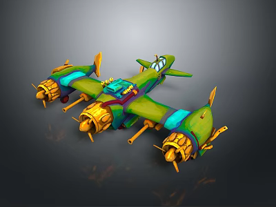 Vibrant Green Cartoon Airplane 3D Model With Multi Engines And Propellers 3d model