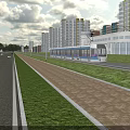 Modern Urban Road Facilities with Tram Track Pavement Grass and High Rise Buildings