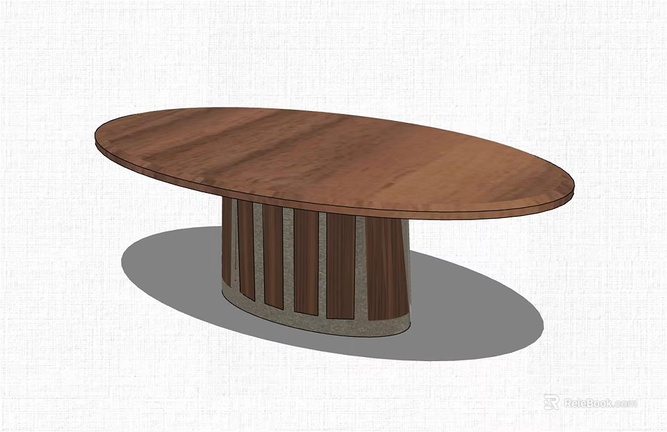 Oval Wooden Coffee Table With Sleek Top And Cylindrical Striped Base Design 3d model 