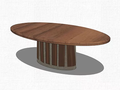 Oval Wooden Coffee Table With Sleek Top And Cylindrical Striped Base Design 3d model
