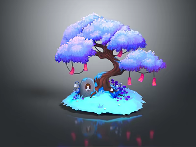 Cartoon Scene Featuring Blue Purple Tree Pink Lanterns Small Animals Small House And Purple Flowers 3d model