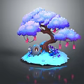 Cartoon Scene Featuring Blue Purple Tree Pink Lanterns Small Animals Small House And Purple Flowers
