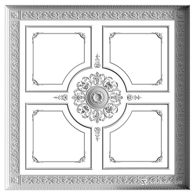 Elegant Ceiling Crown Molding Design With Ornate Center And Square Frames 3d model