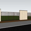 Landscape Wall With Black Fence Green Trees Grass And Pedestrians Under Blue Sky