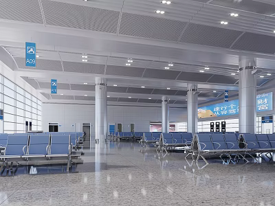 Modern Train Station Hall with Blue Seats White Pillars Glass Windows and Bright Ceiling Lights 3d model