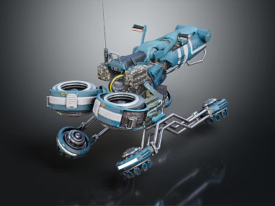 Futuristic Blue Mechanical Robot Device With Multiple Wheels And Complex Structure 3d model