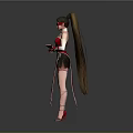 Stylish Female Character In Red Outfit With Long Hair Decorative Belt And Eye Mask
