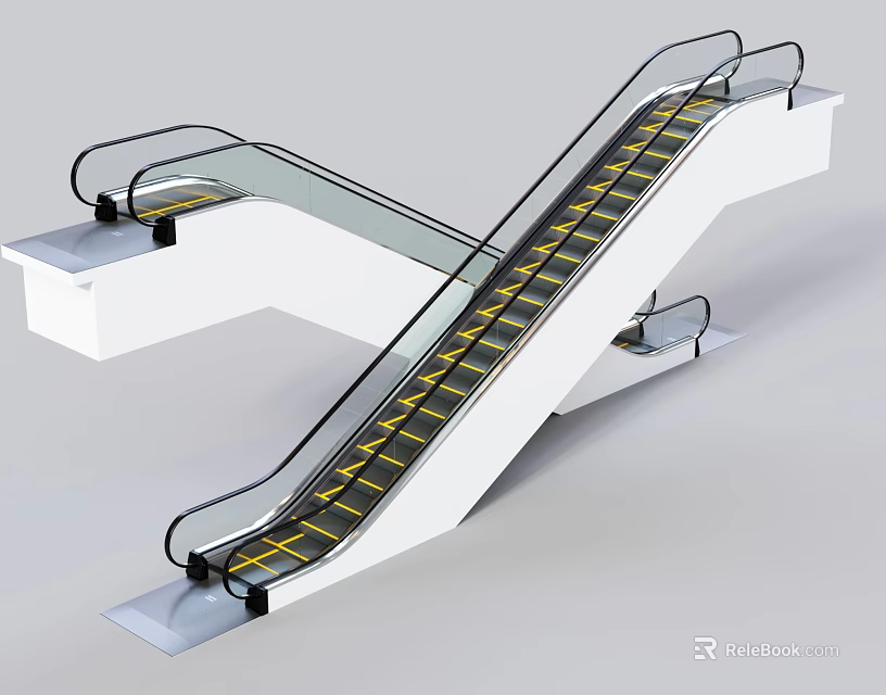 Modern Escalator Design With Transparent Handrails Yellow Steps And White Structure 3d model 