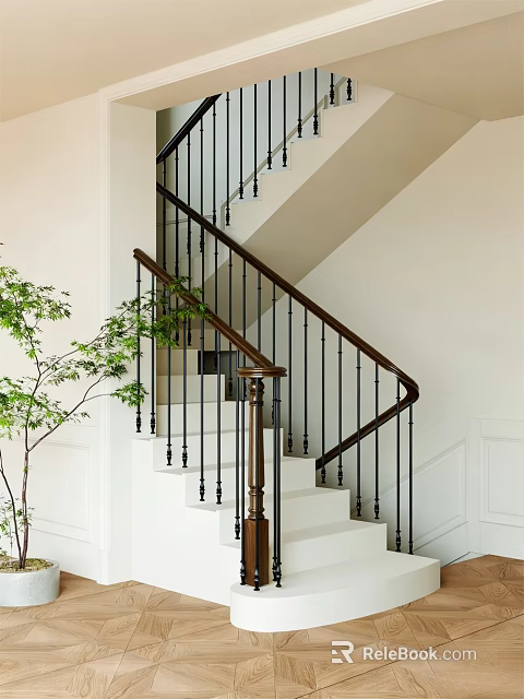 Staircase With Wooden Handrail Black Metal Balusters White Steps And Green Plant In Modern Interior 3d model 