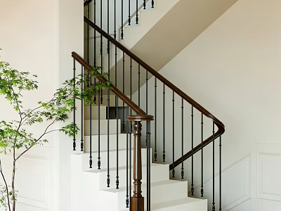 Staircase With Wooden Handrail Black Metal Balusters White Steps And Green Plant In Modern Interior 3d model