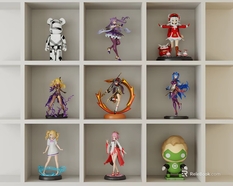 Assorted Character Dolls Showcased In White Grid Shelf Cubbies With Diverse Styles 3d model 