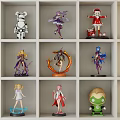 Assorted Character Dolls Showcased In White Grid Shelf Cubbies With Diverse Styles
