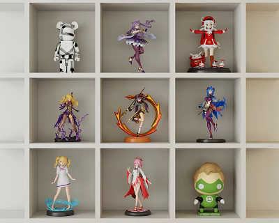 Assorted Character Dolls Showcased In White Grid Shelf Cubbies With Diverse Styles 3d model