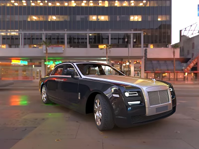 Luxury Black Sedan With Chrome Accents Parked On City Street Near Illuminated Tall Buildings 3d model
