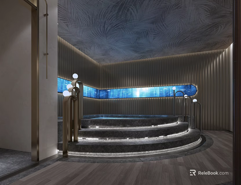 Luxury Modern Clubhouse Interior Design With Marble Steps Lighting And Wall Decor 3d model 