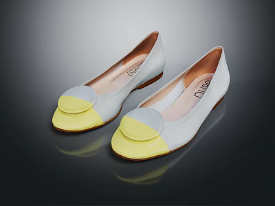 Diane Women's Flat Shoes White and Yellow Round Toe with Smooth Upper and Brown Sole 3d model