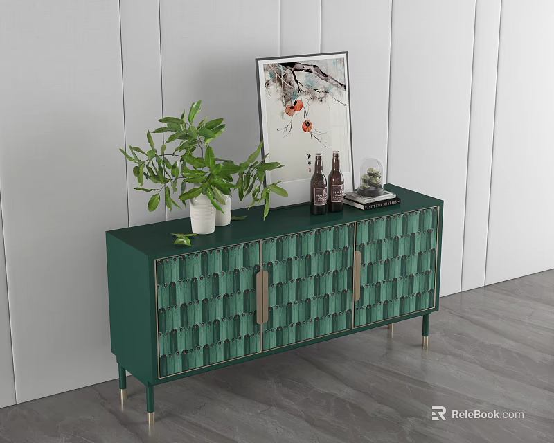 Green Entryway Console Table With Hexagonal Pattern Golden Handles Green Plant And Bottles Artwork 3d model