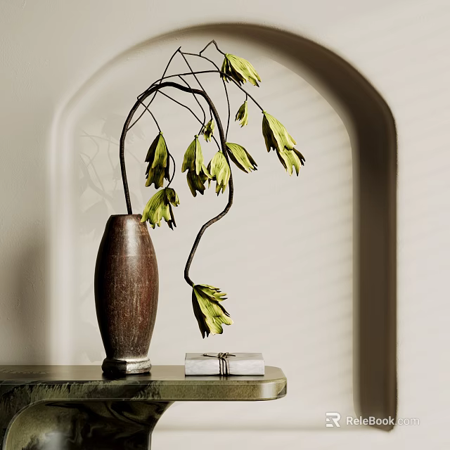 Slim Wooden Vase With Green Leaves And Curved Branches On Tabletop In Arched Interior 3d model 