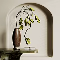 Slim Wooden Vase With Green Leaves And Curved Branches On Tabletop In Arched Interior