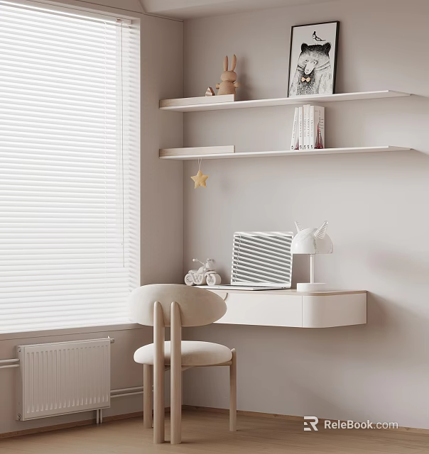 Minimalist White Desk With Chair Shelves Decorative Items Lamp Laptop Near Window Blinds 3d model 
