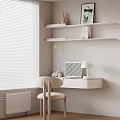 Minimalist White Desk With Chair Shelves Decorative Items Lamp Laptop Near Window Blinds