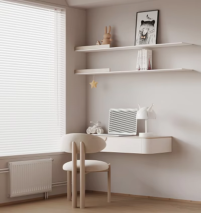 Minimalist White Desk With Chair Shelves Decorative Items Lamp Laptop Near Window Blinds 3d model