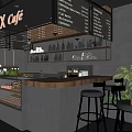 Modern Cafe Interior With Wooden Bar Counter Metal Stools Menu Boards And Green Plants