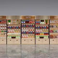 Retail Display Shelves With Wooden Metal Structure Stocked With Various Products