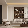 Modern Minimalist Living and Dining Room Interior With TV Wall Shelves Coffee Table And Chair