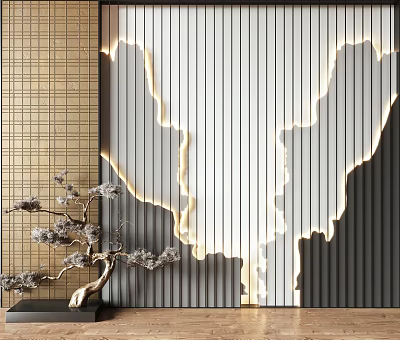 Minimalist Wooden Background Wall With Artistic Lighting Strips And Zen Pine Decoration 3d model