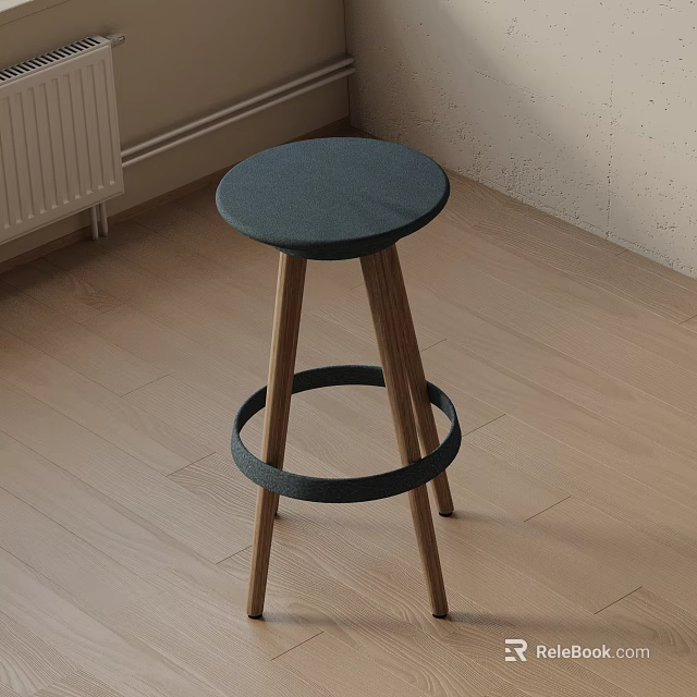 Modern Wooden Bar Stool With Round Black Cushioned Seat And Ring Footrest 3d model 