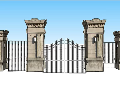 Ornate Classical Wrought Iron Entrance Gate With Stone Pillars And Decorations 3d model