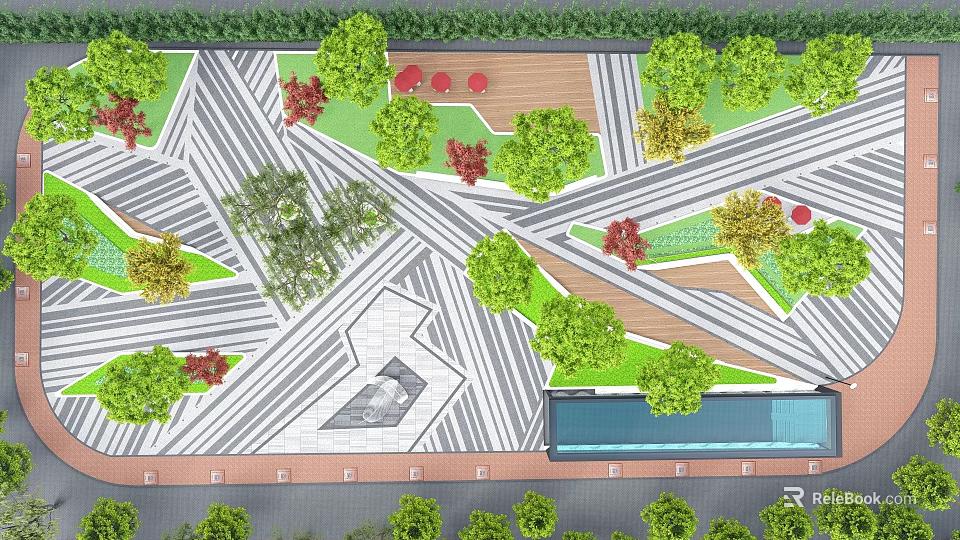 Park Landscape Design With Colorful Paved Paths Green Trees Red Seats And Blue Water Feature 3d model 