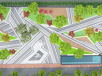 Park Landscape Design With Colorful Paved Paths Green Trees Red Seats And Blue Water Feature 3d model