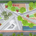 Park Landscape Design With Colorful Paved Paths Green Trees Red Seats And Blue Water Feature