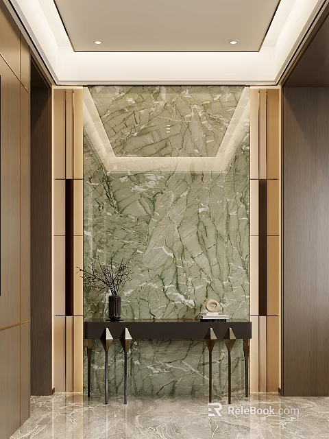 Elegant Console Table Design With Green Marble Wall Gold Frame And Decorative Ornaments 3d model 