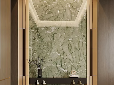 Elegant Console Table Design With Green Marble Wall Gold Frame And Decorative Ornaments 3d model