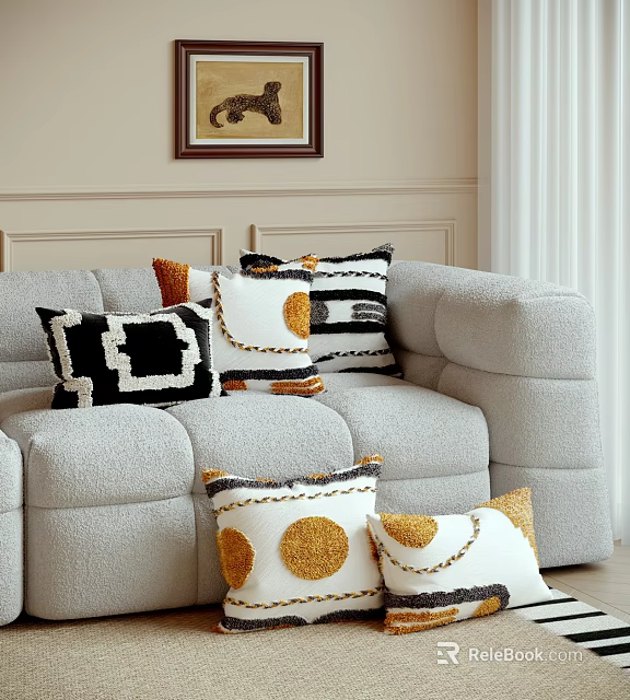 Decorative Throw Pillows With Black White And Orange Patterns On Plush Sofa 3d model 